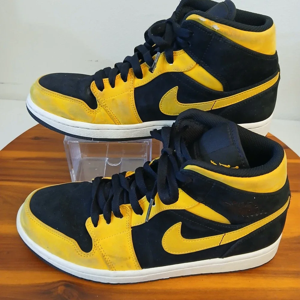 Jordan 1 Mid Mens 8 Yellow Black Basketball Shoes Sneakers 554724-071